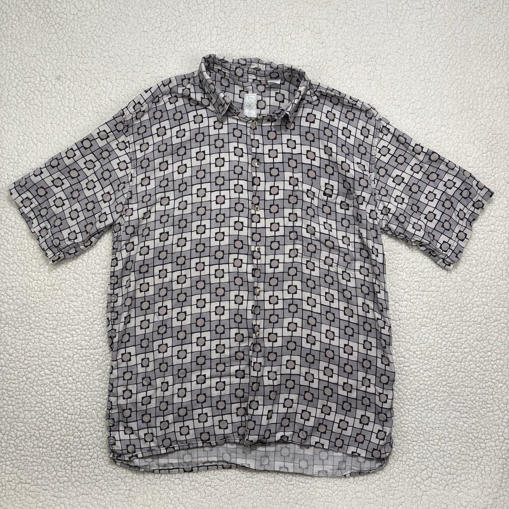 Vtg Burma Bibas 100% Silk Short Sleeve 70s Camp Abstract Geo Art Shirt Size L
